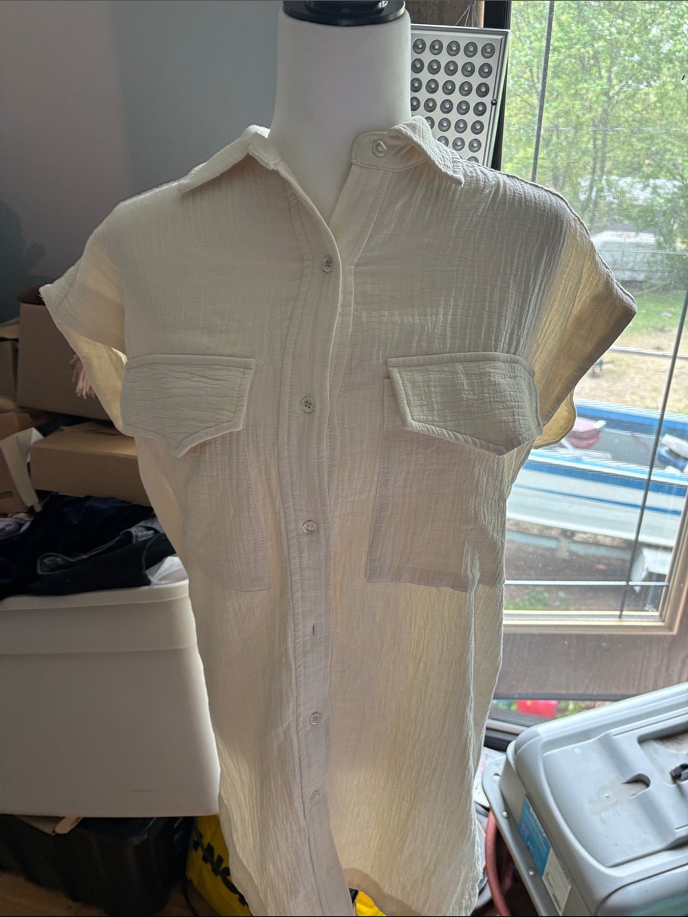 Cream Short-Sleeve Mini Dress with Front Button Detail